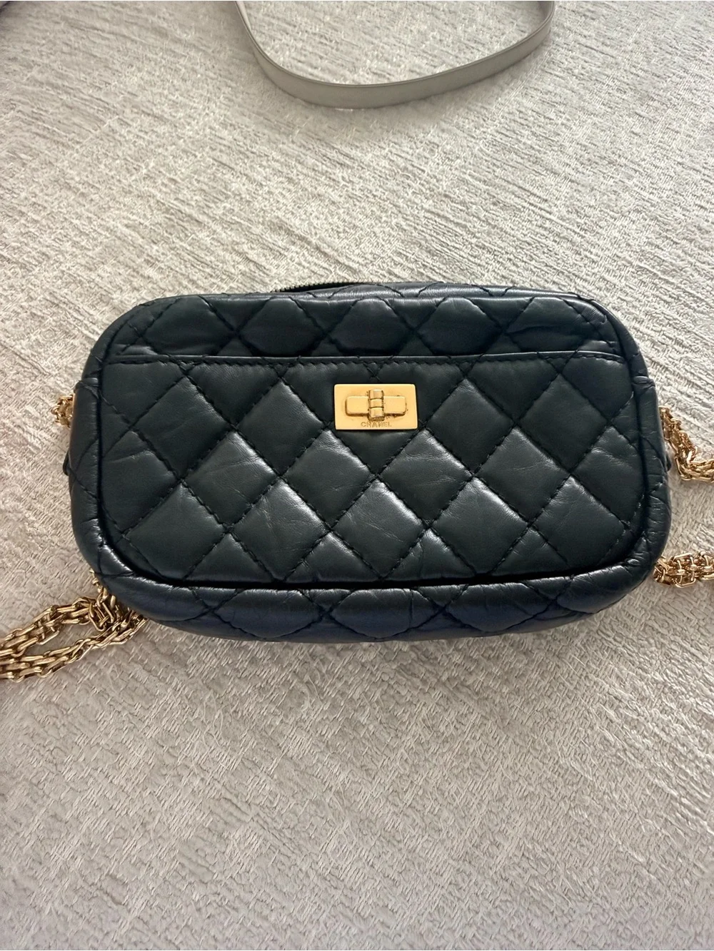 CHANEL Black Quilted Mini Camera Bag with Gold Chain